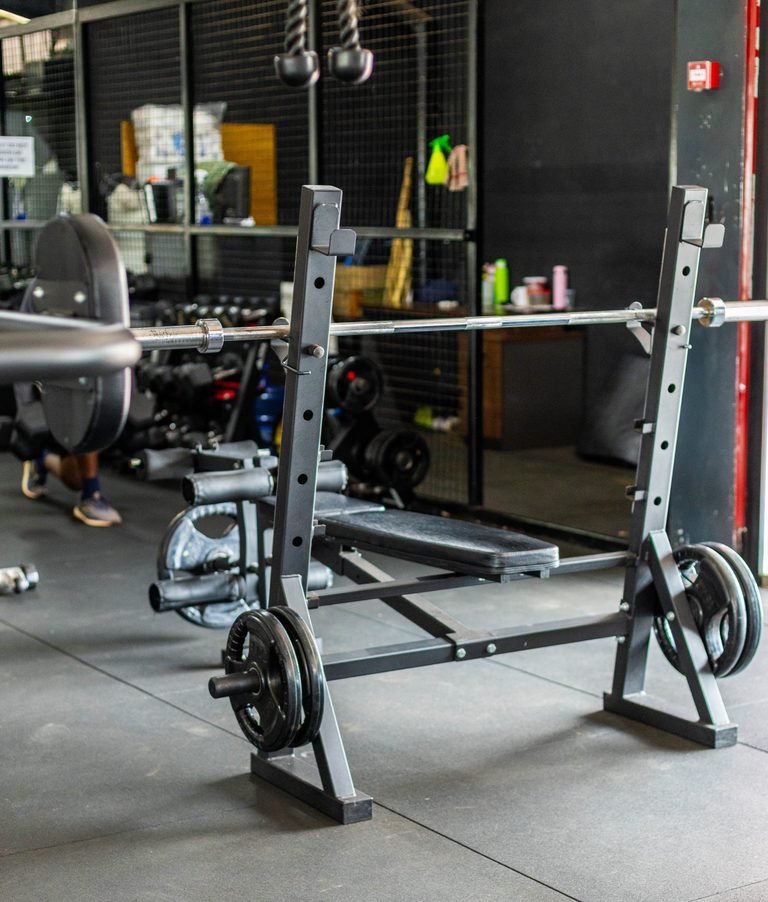 Indoor gym squat rack loaded with weight plates, Tatu City