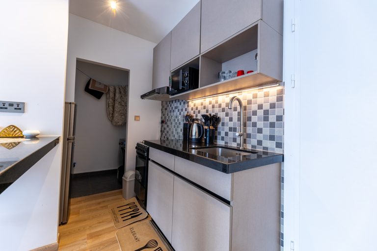 Narrow kitchen view with sink, mosaic tile and a floor mat, The Canopy, Tatu City