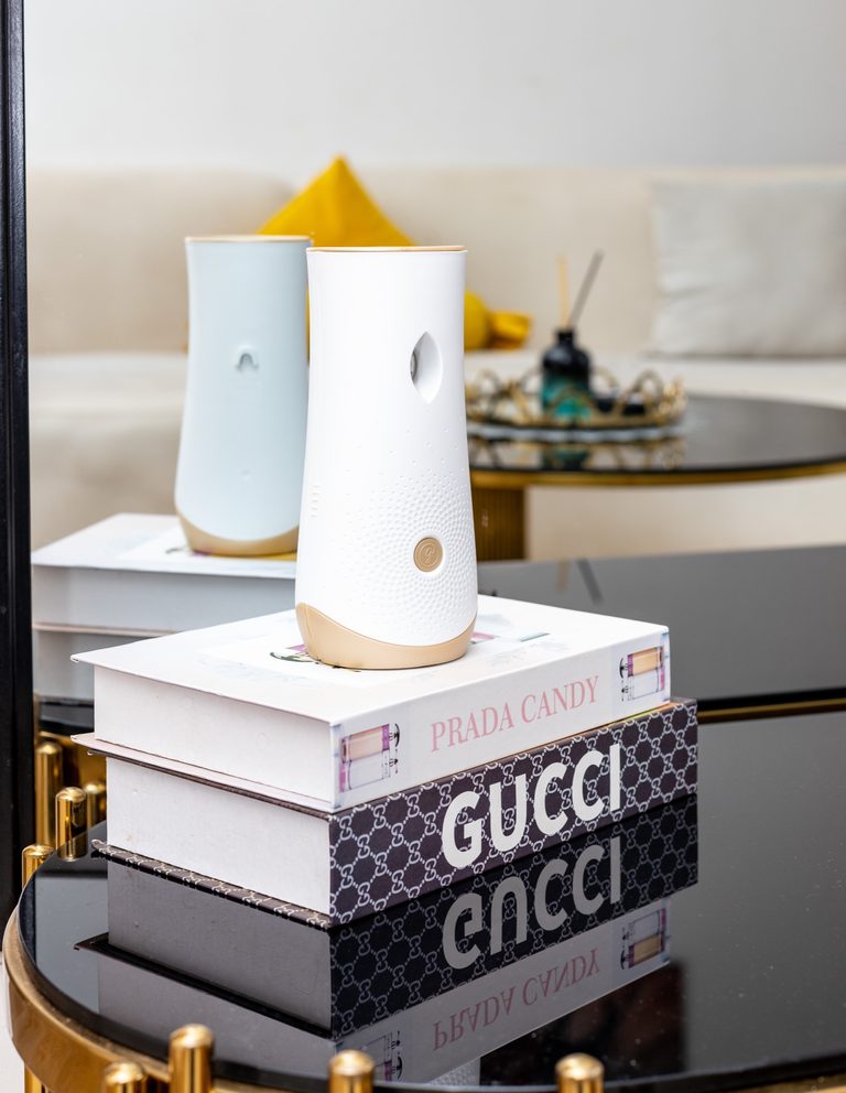 Diffuser bottles on top of designer books on the coffee table, The Deco, Tatu City