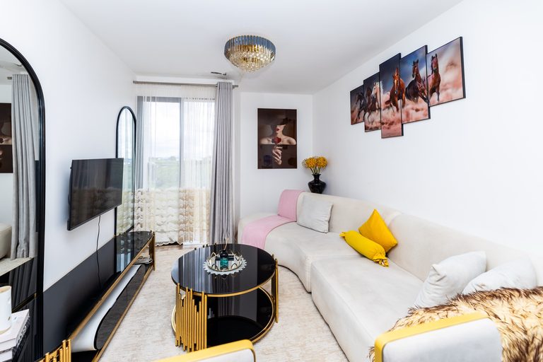 Tall mirrors, TV and sofa with pink cushion, wide view, The Deco, Tatu City