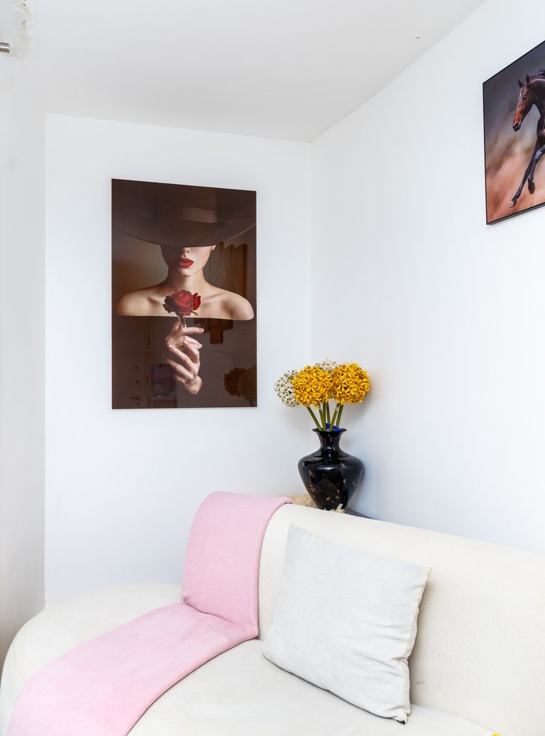 Framed portrait artwork with a flower vase and pink throw on the sofa, The Deco, Tatu City