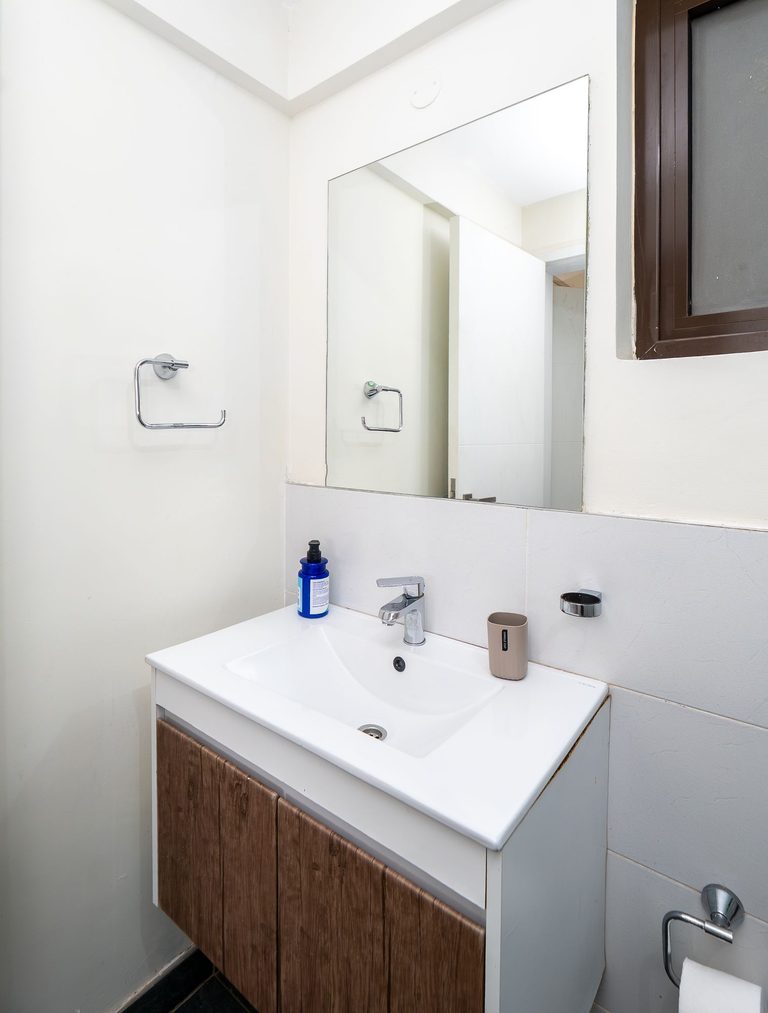 close view of the bathroom sink and wall mirror, The Emerald, Garden City