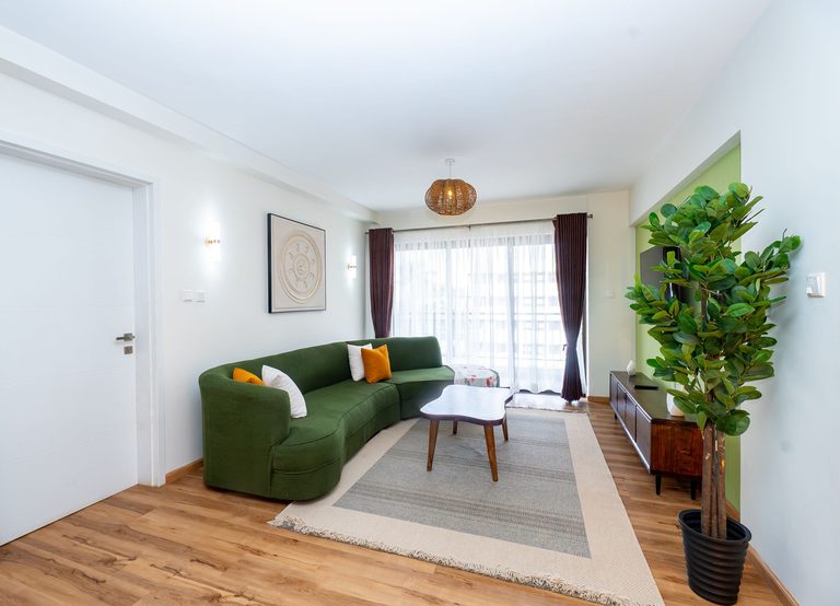 wide view of the living room with a green sofa, tv and rug, The Emerald, Garden City