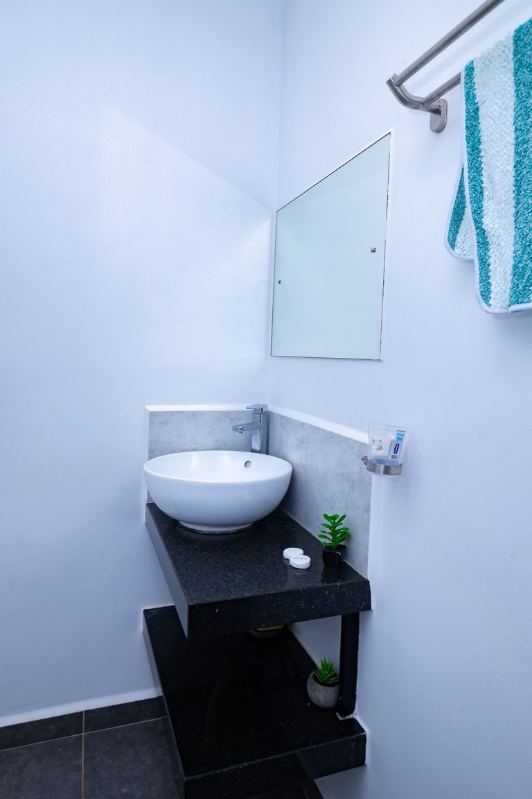 Round vessel sink on a dark stone shelf below a mirror, small vases nearby, The Graphite, Tatu City