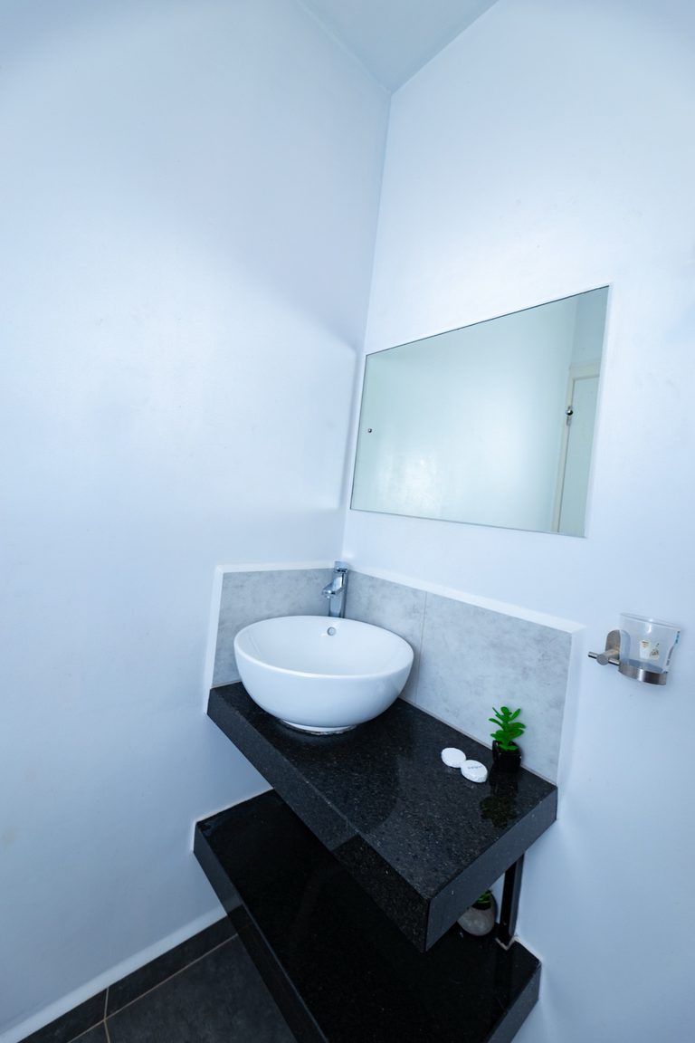 Vessel sink on a dark stone shelf below a mirror, with a small plant, The Graphite, Tatu City
