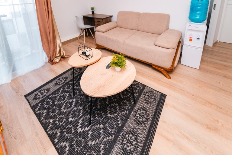Sofa and coffee tables on a patterned rug, second view, The Hearth, Tatu City