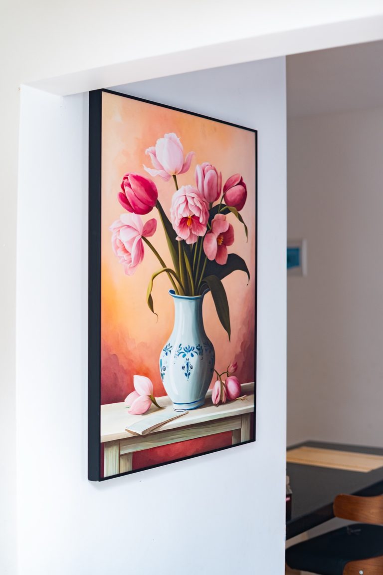 Tulip painting on the wall with a hallway glimpse behind, The Hearth, Tatu City