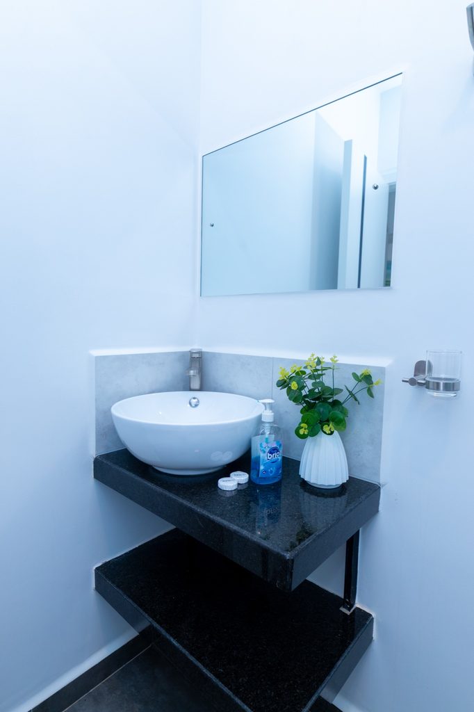 Vessel sink with a small vase of yellow flowers and hand soap on a dark stone counter, The Tide, Tatu City