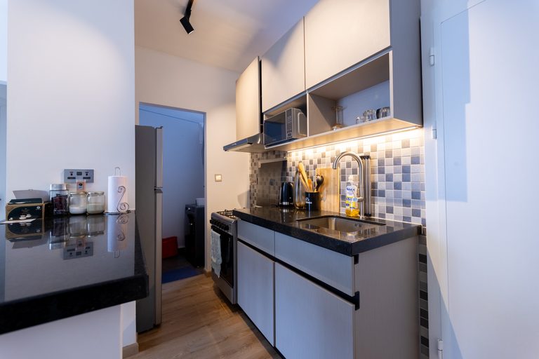 Galley kitchen with a fridge, gas stove, sink and overhead cabinets, The Tide, Tatu City