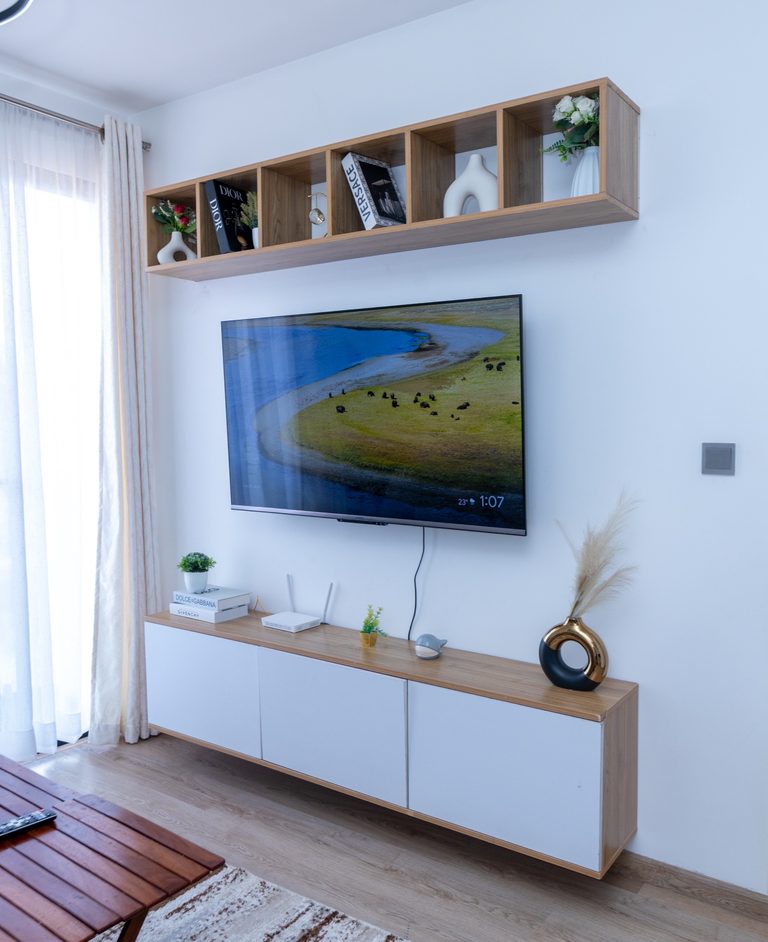 TV wall with a wooden shelf holding books and decorative vases above it, The Tide, Tatu City